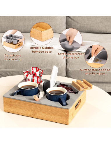 Bandeja Caddy para Sofá HouseJoy Gris con Soporte para Teléfono