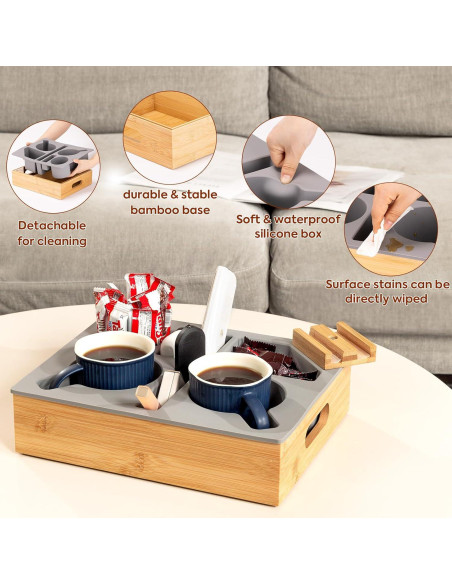 Bandeja Caddy para Sofá HouseJoy Gris con Soporte para Teléfono
