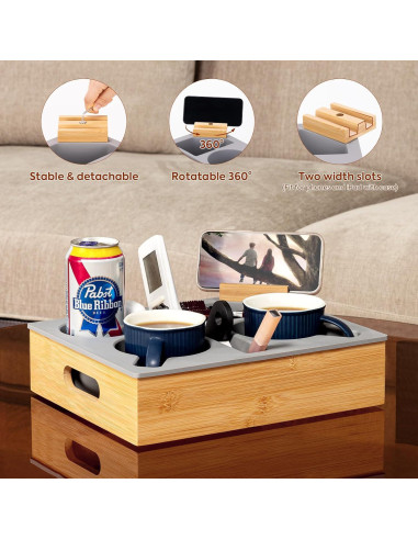 Bandeja Caddy para Sofá HouseJoy Gris con Soporte para Teléfono
