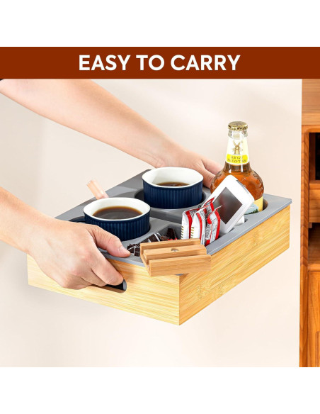 Bandeja Caddy para Sofá HouseJoy Gris con Soporte para Teléfono