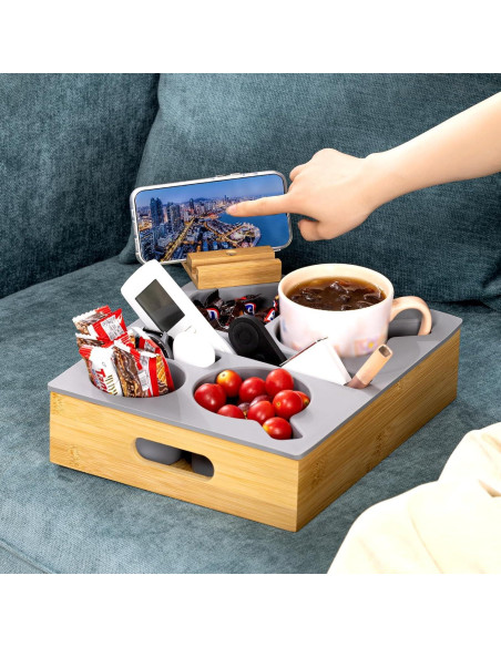 Bandeja Caddy para Sofá HouseJoy Gris con Soporte para Teléfono