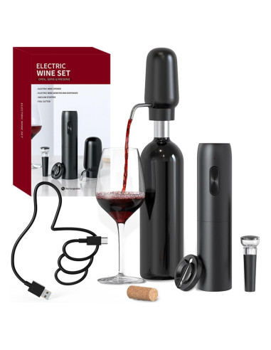 CIRCLE JOY Abrebotellas Eléctrico con Aerador y Tapón - Negro