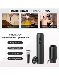 CIRCLE JOY Abrebotellas Eléctrico con Aerador y Tapón - Negro 2