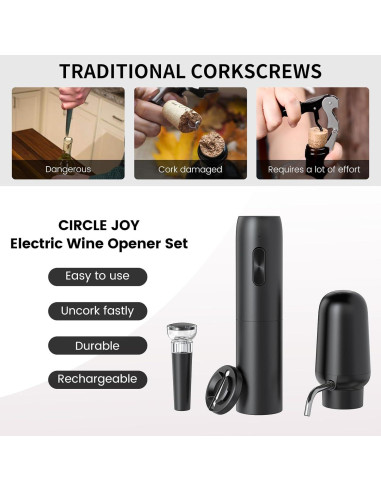 CIRCLE JOY Abrebotellas Eléctrico con Aerador y Tapón - Negro