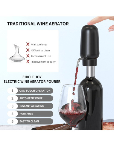 CIRCLE JOY Abrebotellas Eléctrico con Aerador y Tapón - Negro