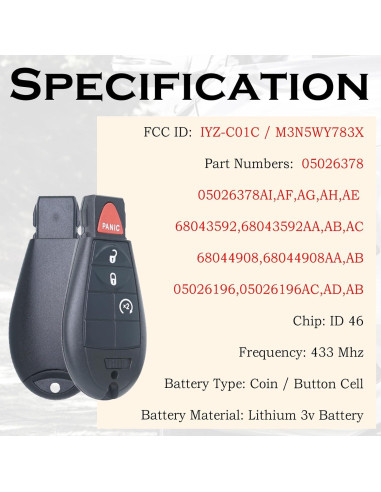 Llave control remoto sin llave Supaland IYZ-C01C para Dodge Jeep