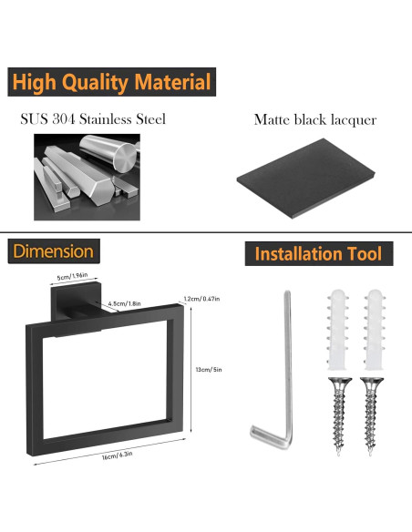 Anillo de Toalla 2 Piezas JOPOFI Acero Inoxidable Negro Mate