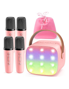 YLL Mini Máquina de Karaoke Rosa con 4 Micrófonos Inalámbricos