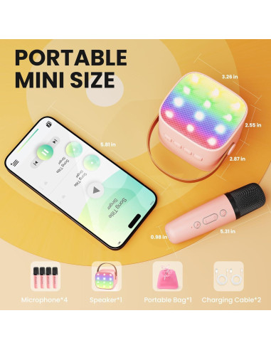 YLL Mini Máquina de Karaoke Rosa con 4 Micrófonos Inalámbricos