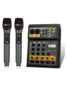 Mezclador de Audio 4 Canales DJ con Doble Micrófono Inalámbrico
