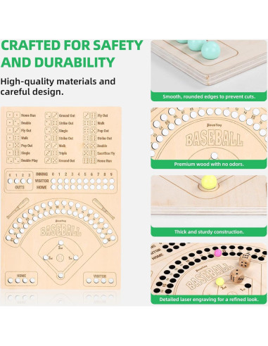 Juego de Mesa de Béisbol de Madera con Dados y Canicas