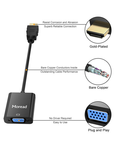 Adaptador HDMI a VGA Moread - Conector Dorado, 1080p, Negro