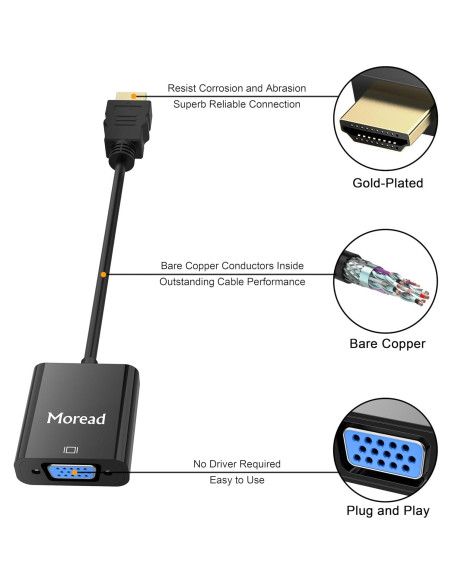 Adaptador HDMI a VGA Moread - Conector Dorado, 1080p, Negro