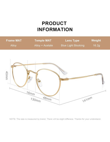 Gafas Redondas de Metal Oro UV400 para Luz Azul 1.5x