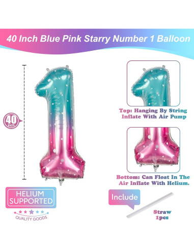 Globo de Número 1 Estrellado Azul Rosa 101,6 cm Mylar