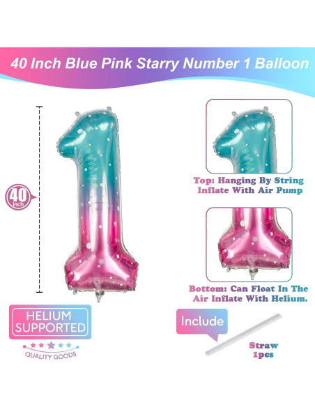Globo de Número 1 Estrellado Azul Rosa 101,6 cm Mylar