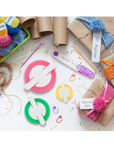 Kit de Hacer Pompón Ayasee 7 Piezas, 6 Tamaños de 2.5 a 8.6 cm