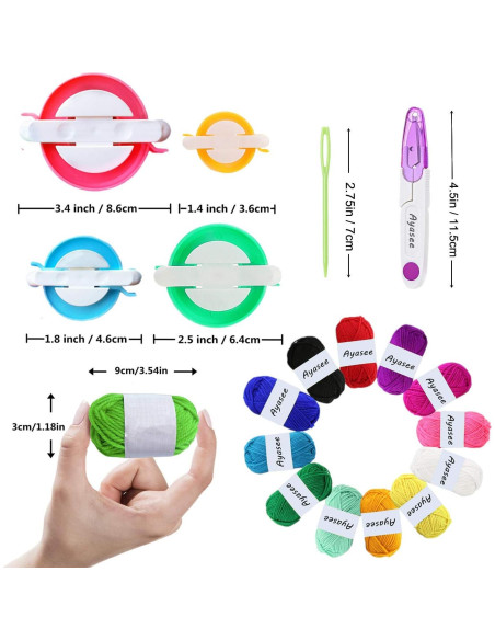 Kit de Hacer Pompones de Hilo Ayasee - 4 Hacedores + 12 Hilos