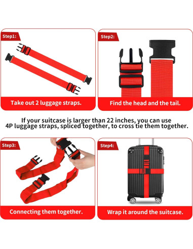 Correas de Equipaje Vivinin 4 Piezas Nylon Ajustables Rojo