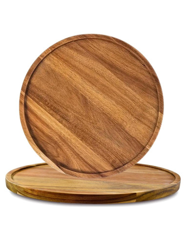 2 Bandejas Redondas de Madera de Acacia 20 cm SUZLFTDZSW