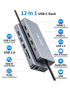 Estación de Acoplamiento USB C 12 en 1 FALWEDI Doble HDMI 2