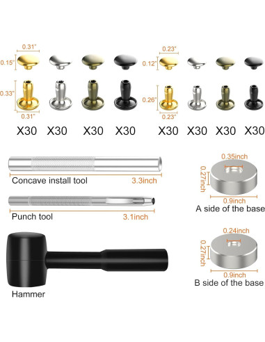 Remaches de Cuero Alritz 240 Piezas con Martillo 6mm 8mm