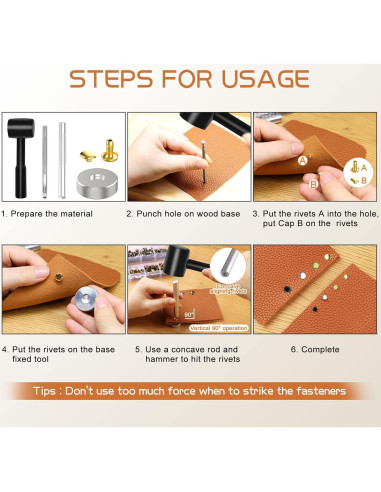 Remaches de Cuero Alritz 240 Piezas con Martillo 6mm 8mm