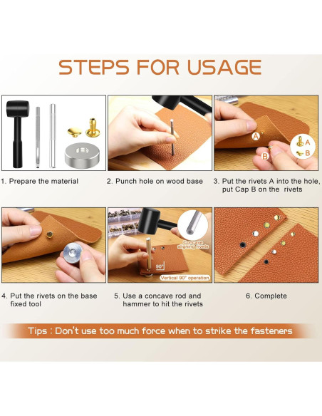 Remaches de Cuero Alritz 240 Piezas con Martillo 6mm 8mm