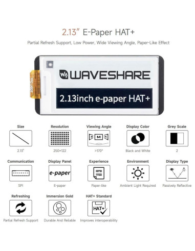 Pantalla E-Paper 2.13" Waveshare HAT+ para Raspberry Pi