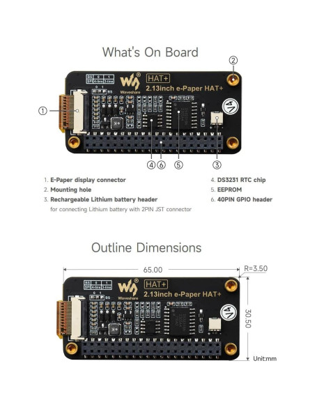 Pantalla E-Paper 2.13" Waveshare HAT+ para Raspberry Pi