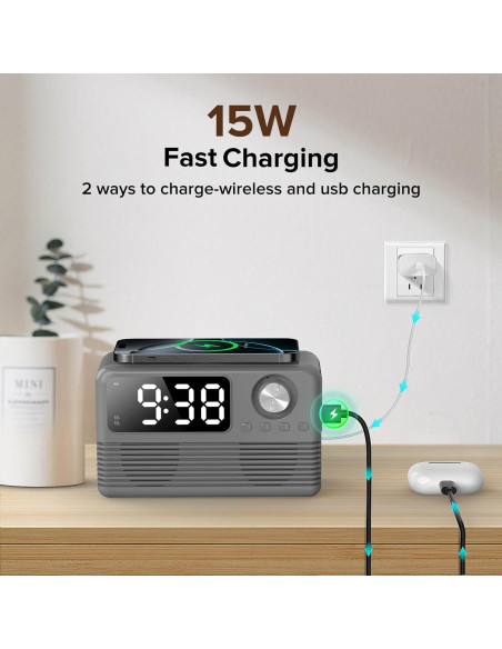 Cargador Inalámbrico 15W FlyShow con Altavoz Bluetooth y Reloj