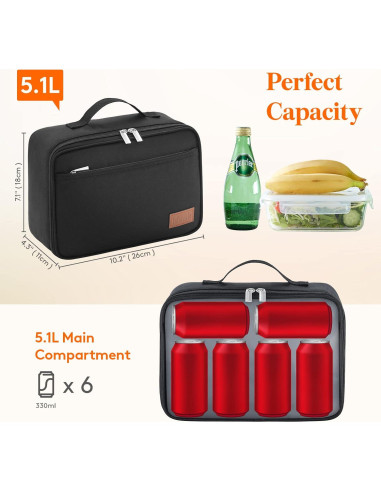 Bolsa de Almuerzo Aislada Lifewit 5L Negra con 2 Paquetes de Hielo