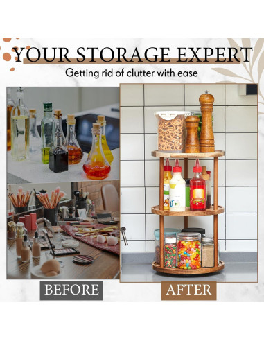 Organizador Giratorio de Madera Acacia 3 Niveles 22.86x22.86x45 cm