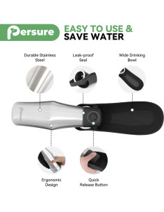 Botella de Agua para Perros Persure 800 ml Acero Inoxidable Negro 2