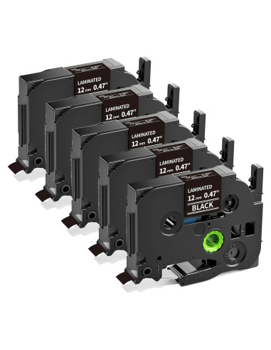 Cinta de Etiquetas MarkDomain TZe-335 12mm Blanca sobre Negra - Paquete de 5