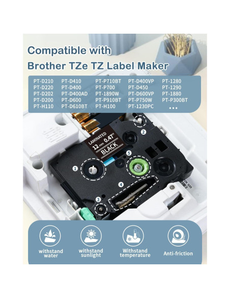 Cinta de Etiquetas MarkDomain TZe-335 12mm Blanca sobre Negra - Paquete de 5