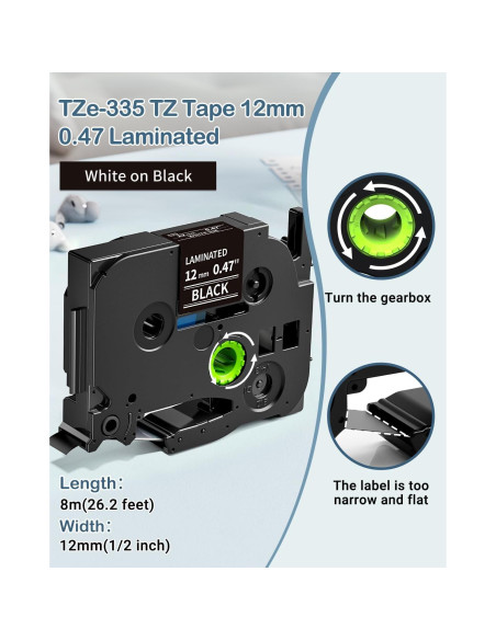 Cinta de Etiquetas MarkDomain TZe-335 12mm Blanca sobre Negra - Paquete de 5