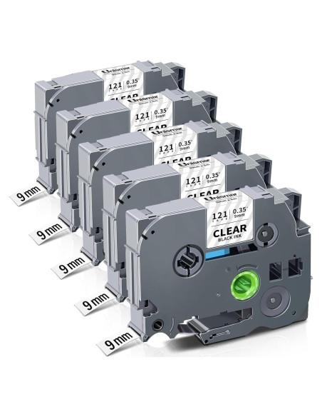 Cinta de Etiquetas Laminada Unismar TZe-121 9mm Negra Transparente - Paquete de 5 Cinta de Etiquetas Laminada Unismar TZe-121 9mm Negra Transparente - Paquete de 5