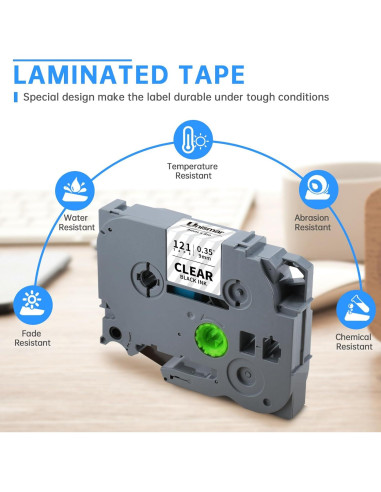 Cinta de Etiquetas Laminada Unismar TZe-121 9mm Negra Transparente - Paquete de 5
