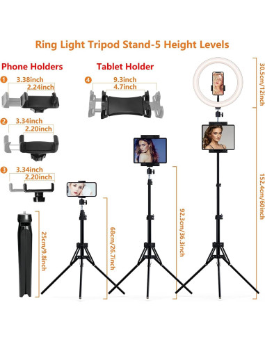 Anillo de Luz LED 30 cm PEYOU con Trípode 182.88 cm y Soportes