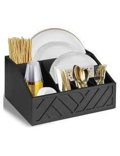 Dispensador de Platos de Papel Ukonvi Negro, Organizador de Utensilios de Madera