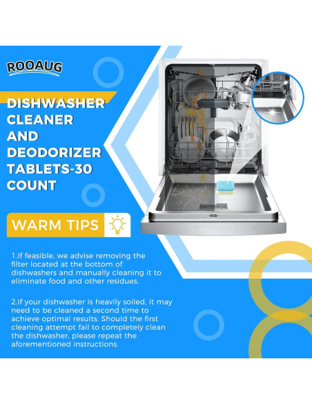 30 Tabletas Limpiadoras ROOAUG para Lavavajillas - Efecto Desodorante