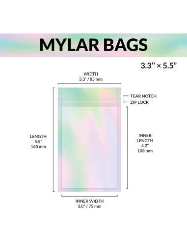 Bolsas Mylar con Ziplock 8.4 x 14 cm | 100 Unidades | Holográfico