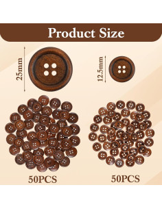100 Botones de Madera Marrón 12.7mm y 25.4mm 4 Agujeros 2