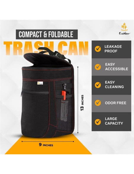 Basurero de Coche EcoNour 9.46L con Tapa y Bolsillos - Negro