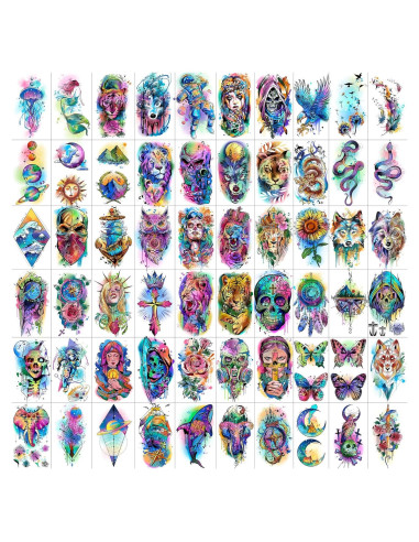 60 Hojas Tatuajes Temporales Acuarela GOROMON Animales 3D