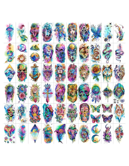 60 Hojas Tatuajes Temporales Acuarela GOROMON Animales 3D