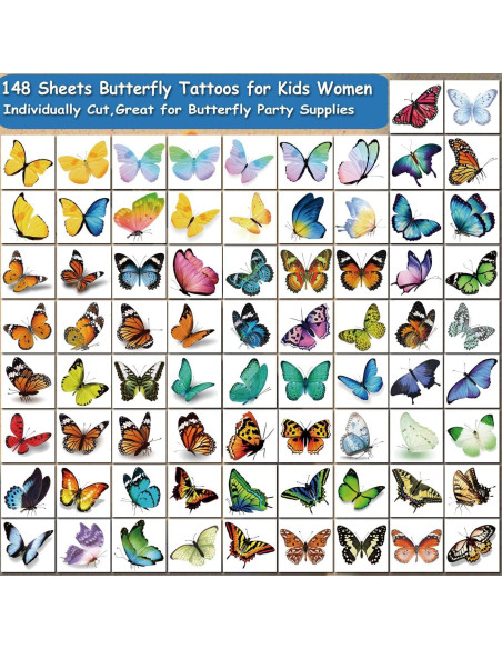 148 Tatuajes Temporales de Mariposa CHARLENT para Niños