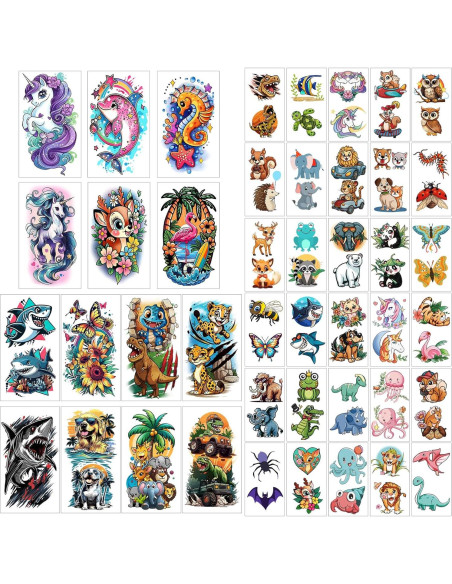 52 Hojas de Tatuajes Temporales Metuu para Niños - Animales y Más