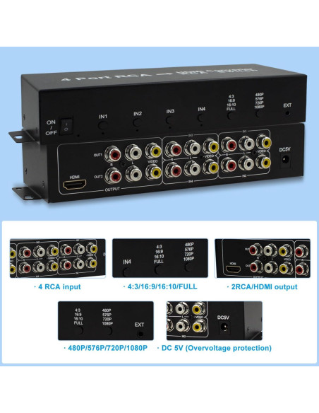 Convertidor RCA a HDMI Wiistar 4 Puertos 1080P con Interruptor